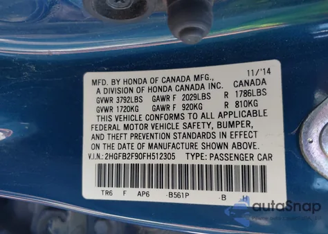 2015 Honda Civic Ex-L from USA, damaged, VIN 2HGFB2F90FH512305